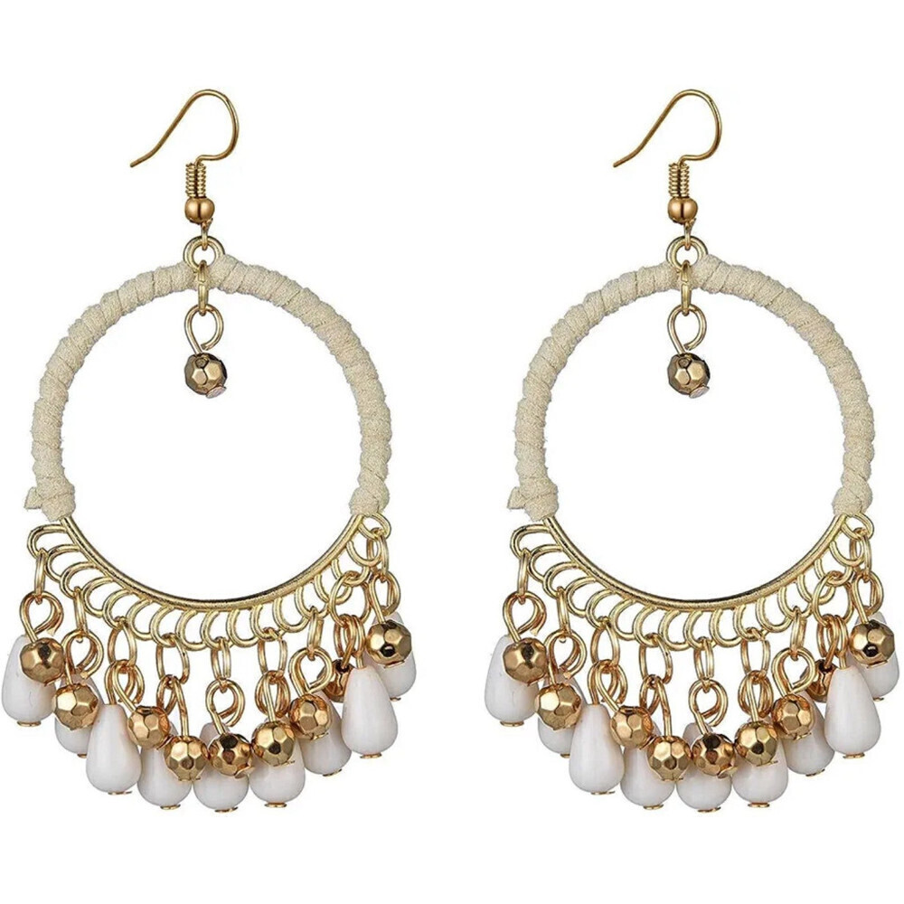 Woven Bohemian Tasseled Earrings In White